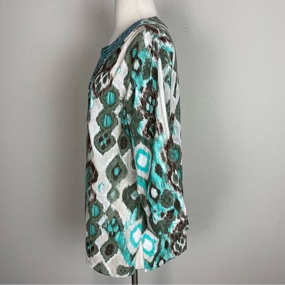 Chico's Green Ikat Print Embroidered Long Sleeve top 1 - Picture 3 of 7